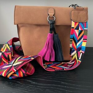 Purse with Strap, Magnet close, Tan with colorful strap, Never Worn